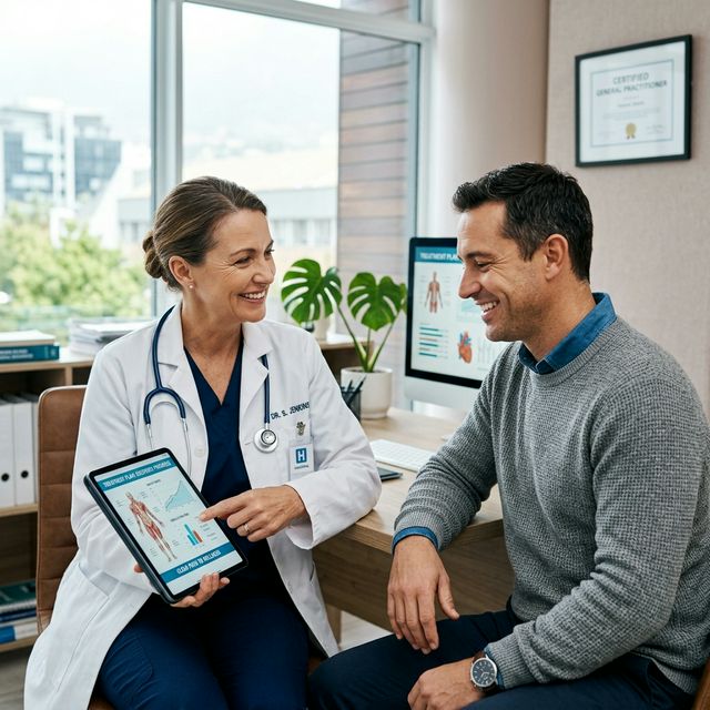 Doctor showing a tablet to a patient