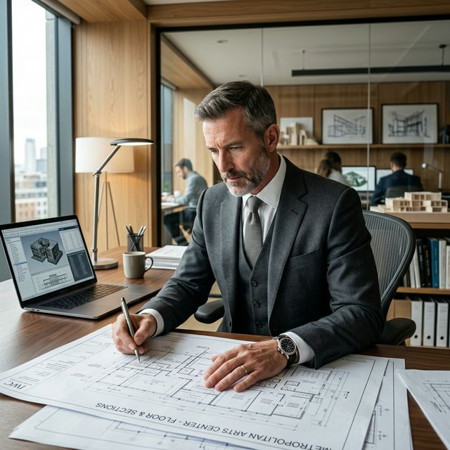 Focused man working dynamically at his desk