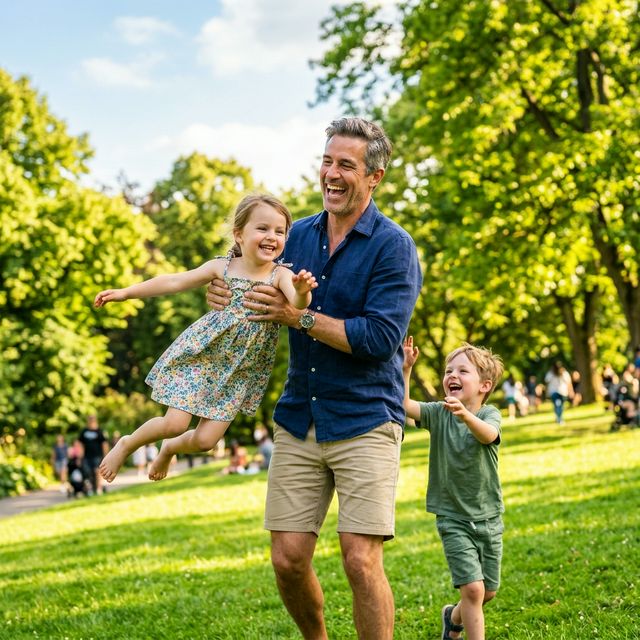 Happy father playing with children