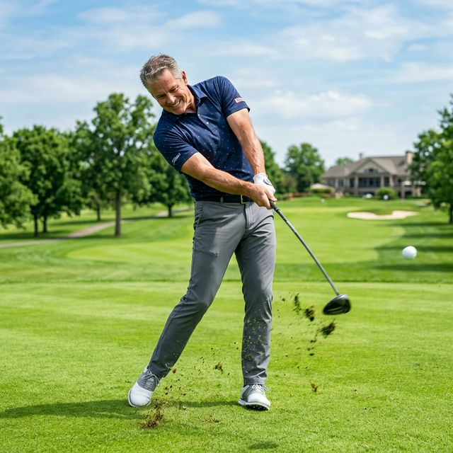 Fit man powerfully swinging a golf club